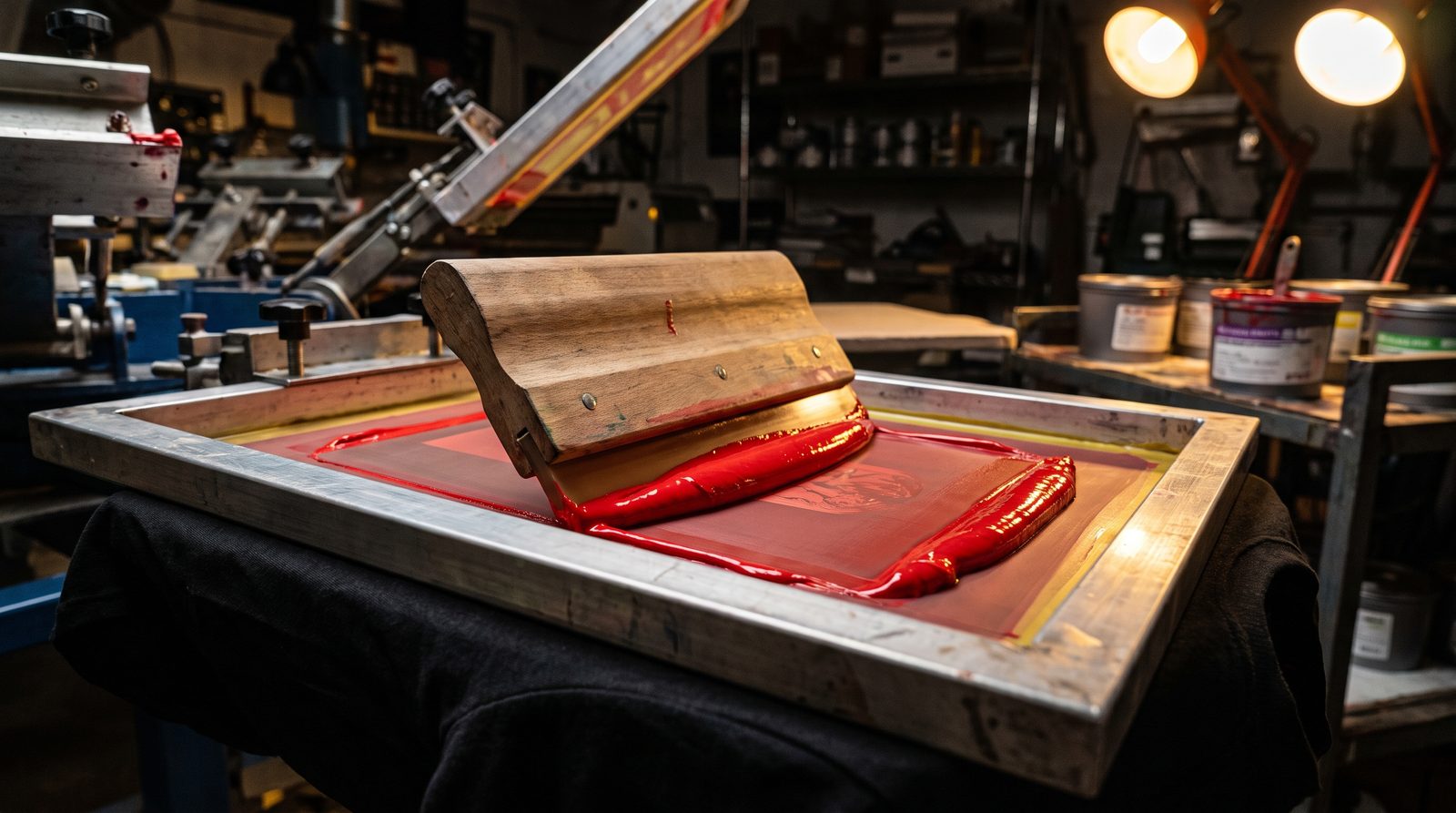 Rasero pasando tinta roja por el marco de serigrafía